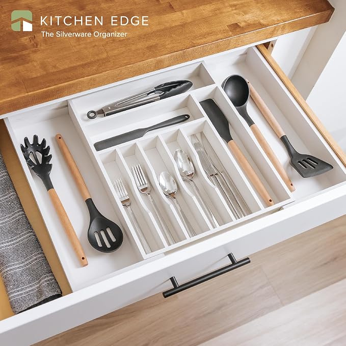 KitchenEdge Silverware & Utensil Drawer Organizer, 14.5-25 in, White Bamboo | Cutlery, flatware, food-safe contract grade, kitchen drawer fit