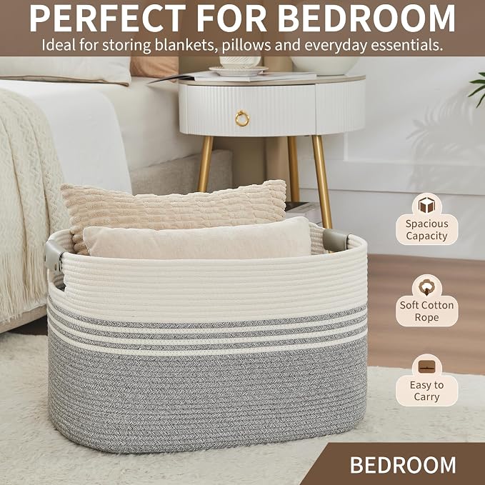 Laundry Hamper with Handles, 72L Rope Laundry Basket, Grey | Cotton rope clothes hamper with leather handles holds blankets, pillows, toys and laundry in nursery, bedroom or living room