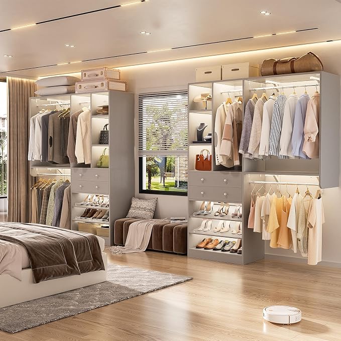 10FT Closet System with 4 Drawers, 120" Closet Organizer System with 6 Hanging Robs & Reversible Hanging Shelving, Closet Systems for Walk-in Closets, Load 2000+LBS, Morandi Grey 2 Pack