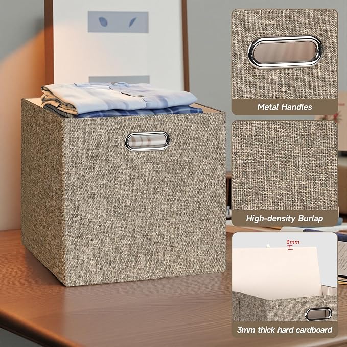 Posprica Collapsible Storage Bins,13×13 Foldable Storage Cube Boxes Fabric Drawer Fabric Storage Bins Vinyl Record Light Coffee, 4 Pack