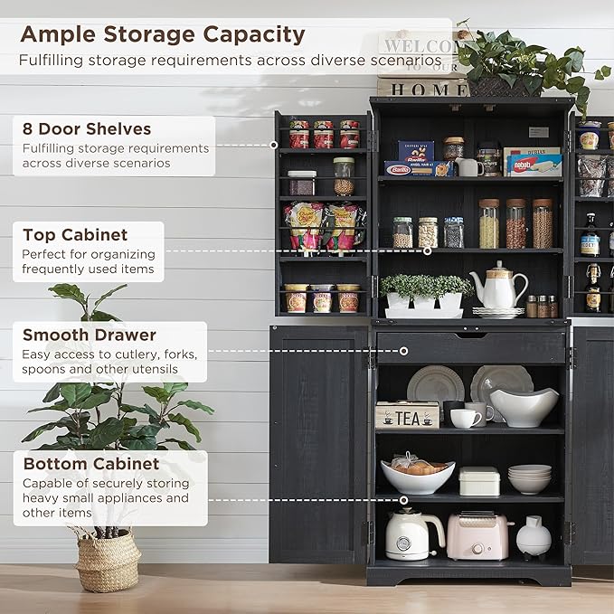 72" Tall Wooden Pantry Storage Cabinet with Door Shelves & Drawer | Farmhouse, Barn Doors, Adjustable Shelves, Freestanding, Anti-tip Kit, for Kitchen, Dining Room, Living Room