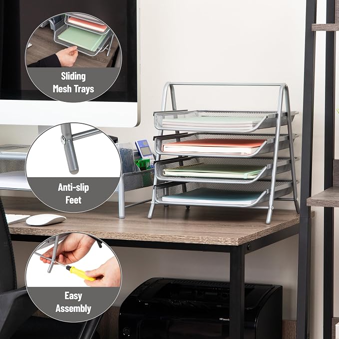 Mind Reader 4-Tier Paper Tray, Desktop Organizer, File Storage, Office, Metal Mesh, 12"L x 13.75"W x 12.5"H, Silver