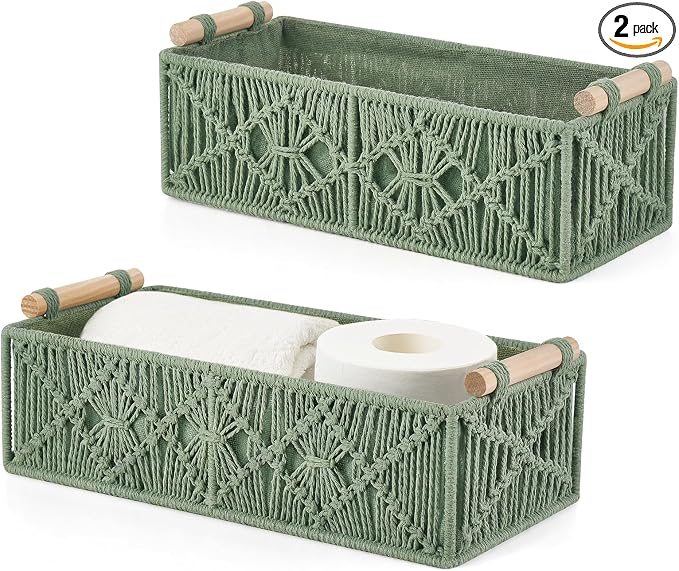 Mkono 2Pc Macrame Storage Baskets, Boho Bathroom Toilet Paper Holder, Green | Small Baskets for Organizing, Hand-Woven, Bohemian Beach Coastal Decor, Shelf Vanity Cabinet Bedroom Living Room Office Dorm