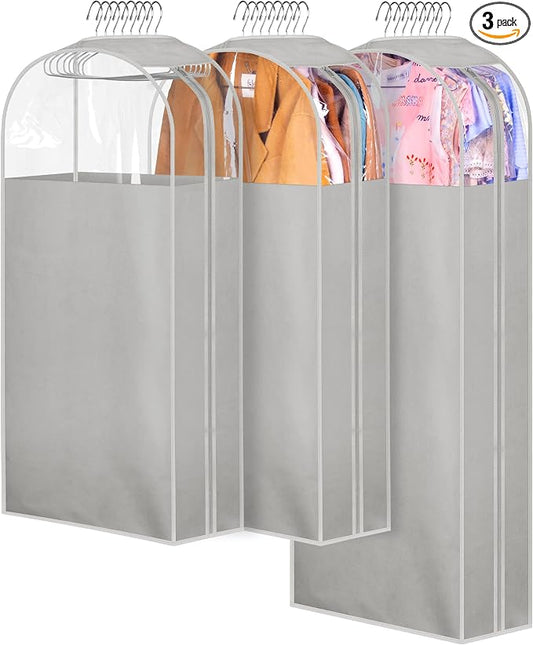 MISSLO 10" Gusseted Garment Bags for Hanging Clothes 40"+50" Clear Suit Bags for Closet Storage Dress Bag for Gowns Long Coat Protector, 3 Packs, Grey