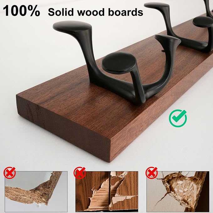 WEBI Coat Rack Wall Mount,36" Solid Wood Coat Hooks Wall Mounted Coat Hanger,16" Hole to Hole,Heavy Duty 6 Triple Hooks for Hanging Coats,Jacket,Hat,Backpack,Farmhouse,Reddish Brown