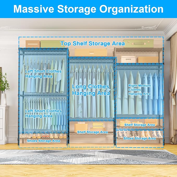 E13 Pro Heavy Duty Clothes Rack（With 4 Hanger Rods & 8 Shelves） Freestanding Clothing Racks for Hanging Clothes，Adjustable Closet，Metal Garment Rack 75" W x16 D x77 H，Max Load 1000LBS，Black