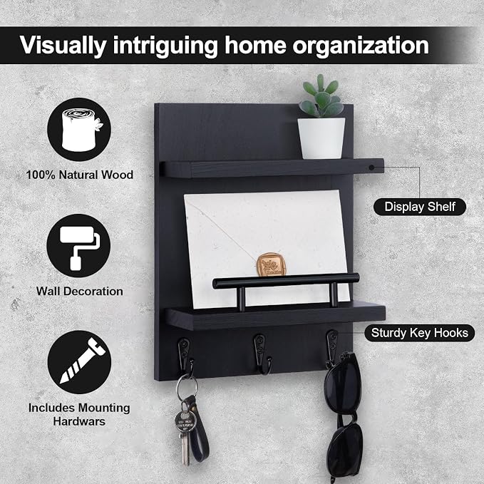 Key Holder Wall Mount, Mail Shelf Decor with 3 Key Hooks, Versatile Wood Wall Organizer for Entryway Hallway (8.2” x 10.6”x 3.6”) (Black)