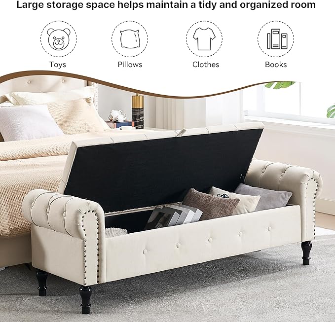 Storage Bench 67" Linen End of Bed Benches Beige | King Size Storage Bench for Bedroom with Rolled Arms Tufted Ottoman Benches Upholstered Bench for Living Room Entryway
