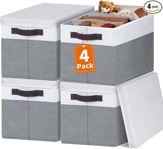 Extra Large Storage Baskets with Lids 4 Pack, 33 QT Throw Blanket Basket for Living Room - Stackable Decorative Closet Shelf Organizers and Storage Box for Organizing Clothes Towels Book - 16x12 in
