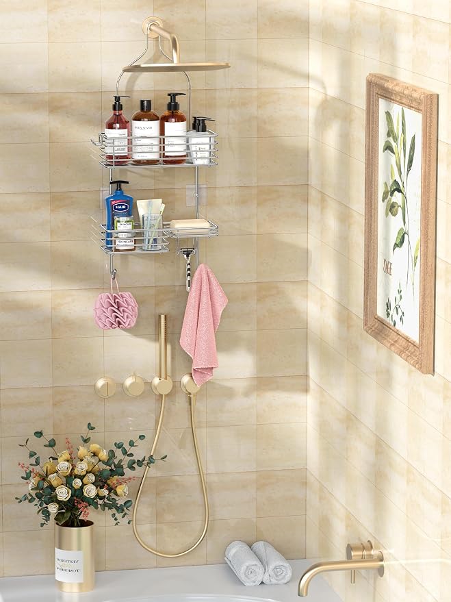 SMARTAKE Hanging Shower Head Caddy, Shower Shelf Organizer, Silver | SUS201 Rustproof Stainless Steel Over The Storage Rack, for Toilet, Bathroom