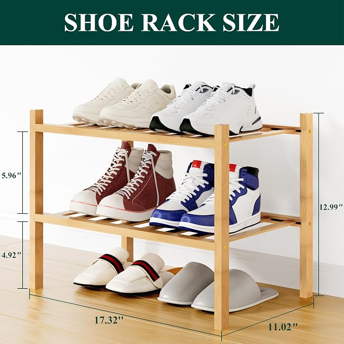 Smiry Bamboo Shoe Rack, 12 Vertical Slats, 2 Tier - 17.3" Wide, Natural | Stackable Free Standing Wooden Shoe Organizer, Wood Shoe Storage Shelf for Closet, Entryway