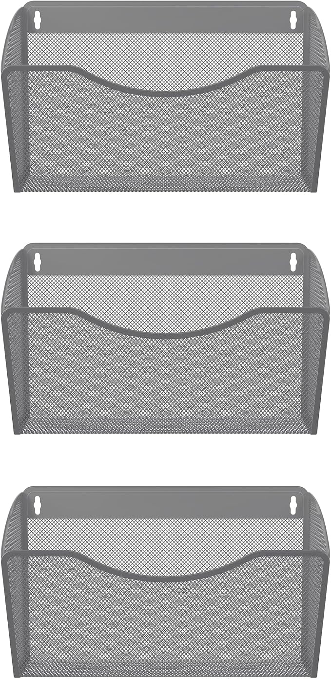 EasyPAG Wall File Organizer 3 Pack, Hanging File Organizer Wall Mount, Metal Mesh Folder Holder for Letter/A4 Papers, Mail Sorter for Office, Classroom, Home, Silver