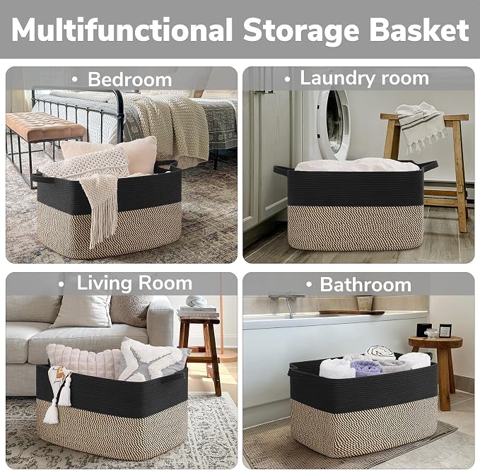 Goodpick 75L Extra Large Woven Blanket Basket, 22" x 17" x 12", Black Jute | Decorative Rectangle Basket for Blankets, Pillows & Toys Storage, Living Room & Bedroom Organization, Nursery & Home Decor