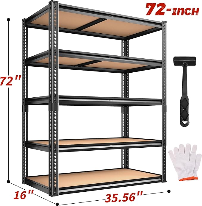 ROOMFAVE 2250LBS Storage Shelves Heavy Duty 5 Tier Garage Storage Shelving, Adjustable Metal Shelving Unit Utility Rack Shelf for Warehouse, Pantry, Closet, 72" H x 35.56" W x 16" D, Black.2PCS