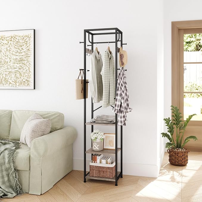 Coat Rack Freestanding, Hall Tree with 3 Shelves and 12 Hooks, Greige | Industrial Metal Frame, Space-Saving Design, Clothes Rack Stand Organizer for Bedroom, Hallway, Entryway, Office, Living Room
