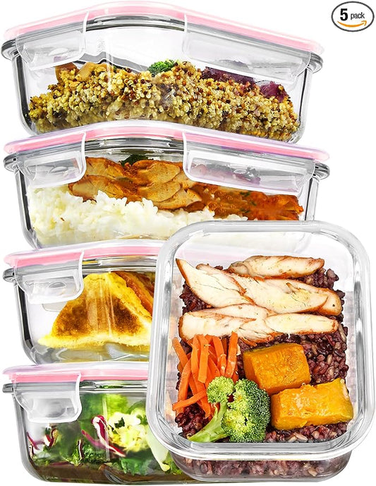 Vtopmart 5Pack 22oz Glass Storage Containers with Lids, Pink | Glass Meal Prep Food Container Sets, Snap Airtight Lid, For Microwave, Oven, Freezer and Dishwasher, BPA Free