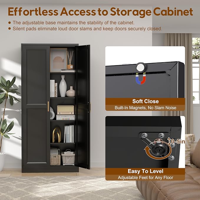 UNICOLY 71" Kitchen Pantry Cabinet, Metal Pantry Storage Cabinet with Doors | Tall Storage Cabinet with 4 Shelves, Black Storage Cabinets for Kitchens, Living Room, Dinning Room, Assembly Required