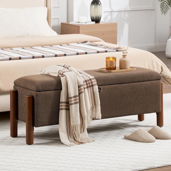 47'' Modern Storage Ottoman Benches with Walnut Wood Legs Ottoman Bench with 22 Gallons Storage Space Fabric Upholstered Seating End of Bed Bench for Bedroom for Livingroom Brown