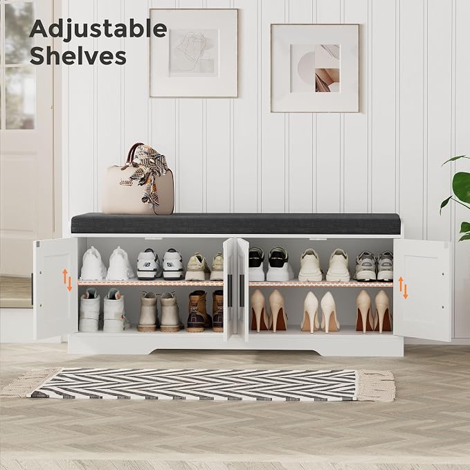 Homleke Shoe Storage Bench, 4 Doors & Thickened Padded Seat Cushion | 2-Tier Shoe Bench, Entryway Bench, Adjustable Shelf, 13.8" D x 45.3" W x 18.5" H, for Living Room, Bedroom, White