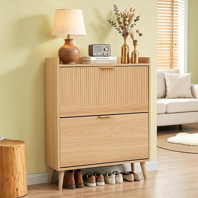 BERRYMERRY 30" Narrow Shoe Storage Cabinet with 2 Flip Drawers Natural | narrow,entryway,20 pairs shoe,shoe organize,hidden shoe rack,fluted panel,wave pattern,wood,space saving
