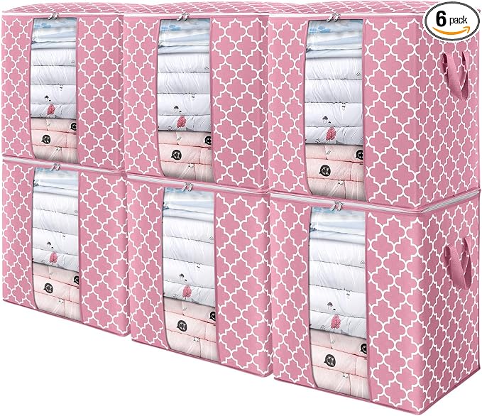 WISELIFE Storage Bags 6 Pack/100L Large Blanket Clothes Organization and Storage Containers for Comforters,Bedding, Foldable Organizer with Reinforced Handle, Clear Window, Sturdy Zippers,Pink