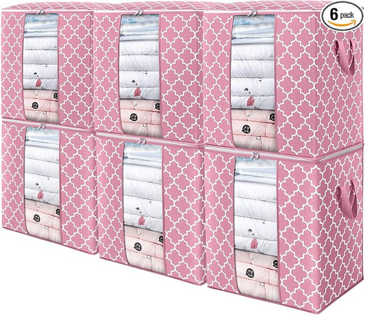 WISELIFE Storage Bags 6 Pack/100L Large Blanket Clothes Organization and Storage Containers for Comforters,Bedding, Foldable Organizer with Reinforced Handle, Clear Window, Sturdy Zippers,Pink