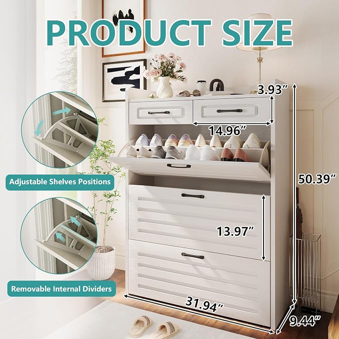 ODUWA Shoe Cabinet with 3 Flip Drawers and 2 Storage Drawers, Shoes Organizer Cabinets with Adjustable Divider, Hidden Shoe Storage Cabinet for Entryway, Hallway, Living Room, White