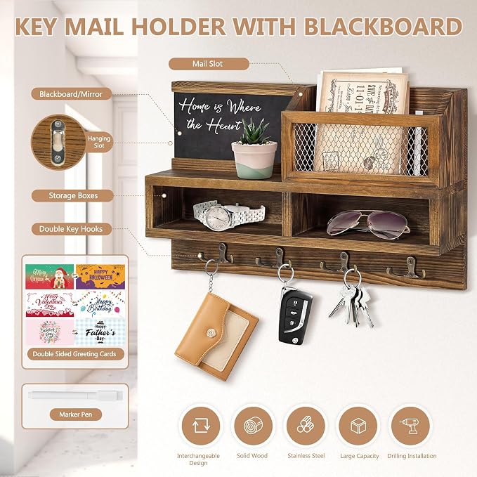 Key Holder Wall Mount, Wooden Mail and Key Organizer, Brown | Rustic Farmhouse Style, 4 Double Hooks, Includes 2 Storage Box, Small Shelf, Mail Slot, for Entryway, Doorway, Hallway, RV