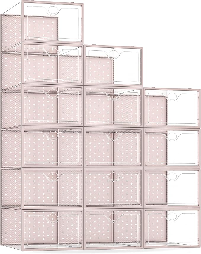 15 Pack X-Large Shoe Storage Boxes, Shoe Organizer Clear Stackable | Fit US Size 11, 6.2” Height, Shoe Dispaly Case Holder Bins Sneaker Storage for Sneakerheads, For Home and Family, Pink