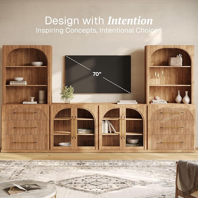 BELLEZE 6-Piece Modular TV Stand Set - 2 Sideboards with Drawers, 2 Arched Glass Door Sideboards, 2 Hutch Cabinets, Classic Modern Media Console with Adjustable Shelves for Living Room (Camel)