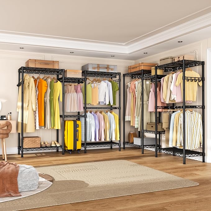 Golpart Heavy Duty Clothes Rack Metal Wardrobe with Adjustable Wire Shelves | Closet Organizers and Storage Clothing Rack Metal System Freestanding Hanging Clothes System Free Standing Garment Coat Racks