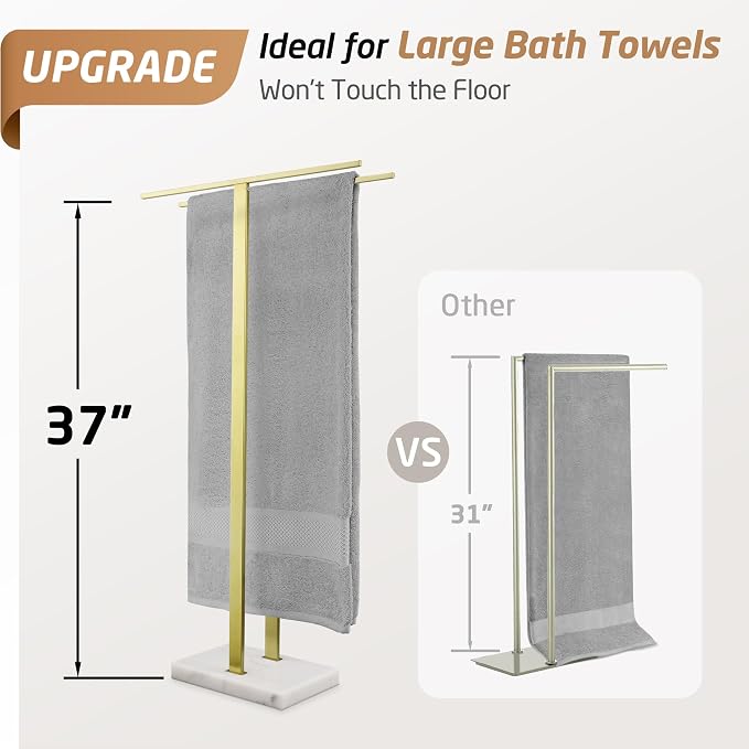 KES Brushed Gold Standing Towel Rack, 37" H, Heavy Marble Base, Bathroom | Equal-Height, Fits Large Bath Towels, Freestanding Design, Modern Luxury, 18/8 Stainless Steel Rustproof