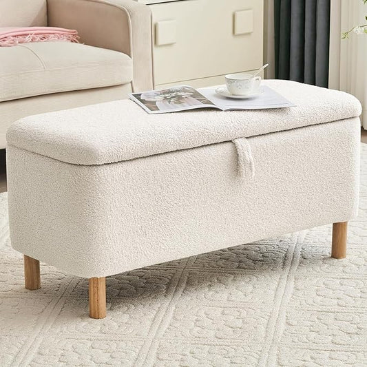 Boucle Storage Ottoman Bench for Bedroom end of Bed, Sherpa Upholstered Shoe Seat Storage Bench for Entryway Bed Foot, Rectangle Cushion Padded Blanket Chest Cute for Living Room, White