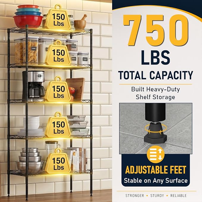 FDW 5 Tier 22L x 12W x 48H Pantry Shelves Adjustable Storage Rack Metal Shelf NSF Shelving Units for Kitchen Garage Small Places Commercial,Black
