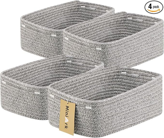MiniArk Small Storage Baskets for Organizing | Closet Organizer Bins | Shelf Toy Basket | Woven Rope Baskets | Cube Decorative Box | Shallow Basket | 13x8.5x5.1” | 4 Packs Mixed Grey