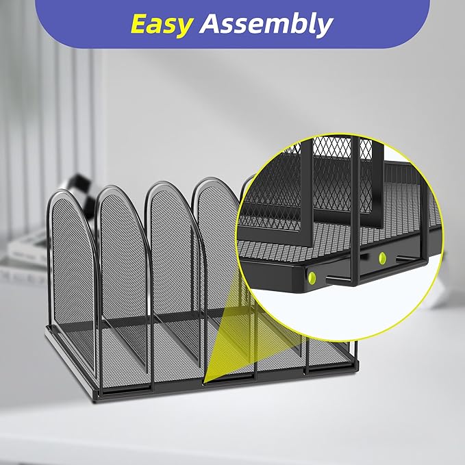 SUPEASY 5-Section File Organizer for Desk, Metal File Folder Holder, Black | 5 Vertical Compartments with Sturdy Metal Base for Office Documents Books Magazines and Laptop