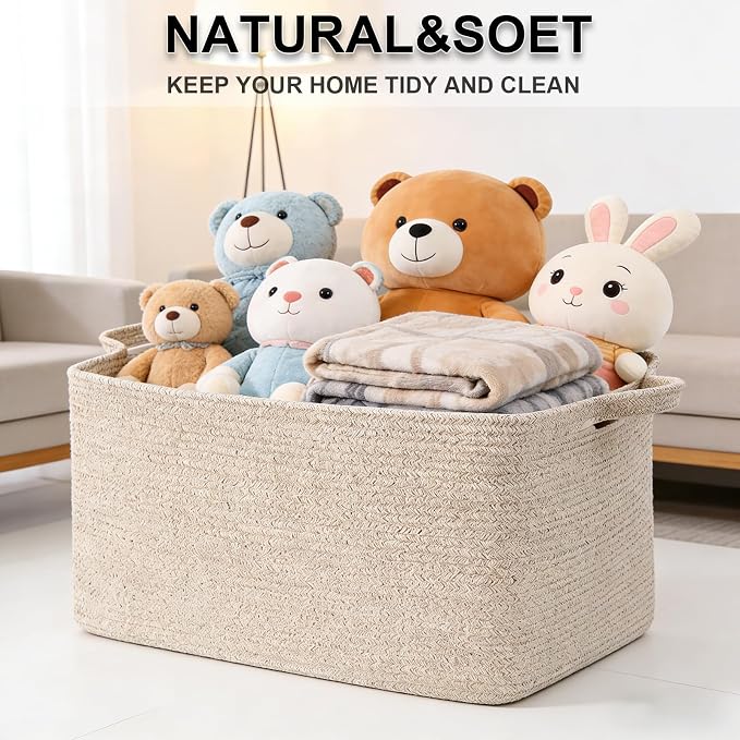 96L Extra Large Brown Cotton Rope Laundry Basket with Sturdy Handle | 24x16x15 Foldable Rectangular Blanket Basket for Toys, Clothes & Pillows,Ideal for Nursery, Bathroom, Bedroom, Living Room