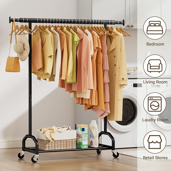 Heavy Duty Rolling Clothing Rack, 450 lbs Capacity Metal Clothes Rack with Wheels, 65" Tall Freestanding Hanging Rack for Bedroom, Laundry Room, Retail Display, Black