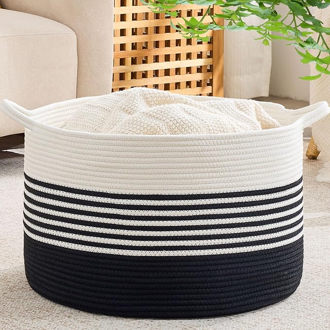 KAKAMAY Large Blanket Basket with Handles, Storage Basket for Living Room | Extra Large Capacity | Natural Cotton Rope | Blanket Storage | Woven Storage Basket | Stuffed Animal Storage | Laundry Basket