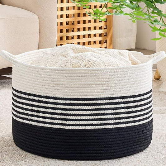 KAKAMAY Large Blanket Basket with Handles, Storage Basket for Living Room | Extra Large Capacity | Natural Cotton Rope | Blanket Storage | Woven Storage Basket | Stuffed Animal Storage | Laundry Basket