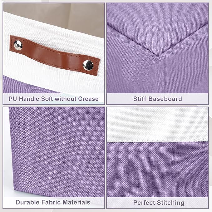 Bagnizer Collapsible Fabric Storage Cubes 11x11 Cube Storage Bins, 4 Pack Closet Baskets Box with Handles for Organizing, Shelf, Toys, Clothes, Home, Office, Nursery (Purple&White)