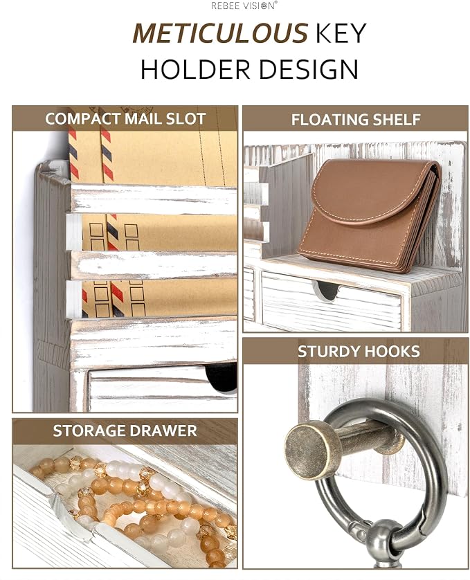 Rebee Vision Key Holder Wall Mount with 2 Drawers for Apartment, Whitewash | Key and Mail Holder for Wall, 6 Key Hooks, Shelf, Plant Display, Drawer Organizer, Mail Sorter, Home Storage Essentials