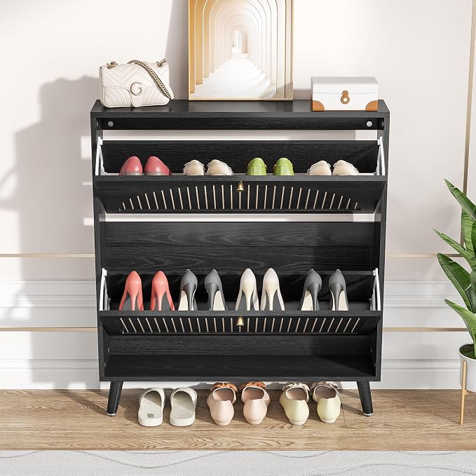 Fsbecl Shoe Storage Cabinet for Entryway with 2 Flip Drawers, Narrow Wood Shoe Cabinet with Fluted Panel, Freestanding Hidden Shoe Organizer for Hallway