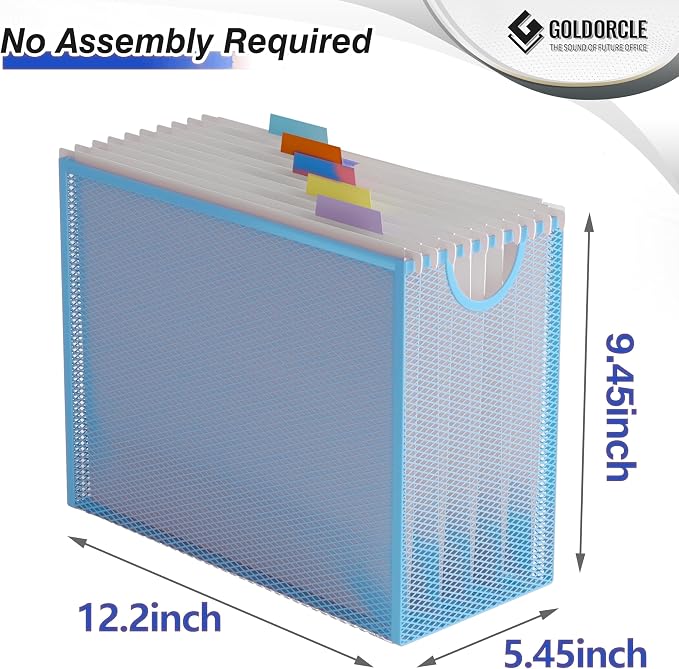 Letter-Size Hanging File Organizer (Blue, with 5 Grey Folders) | File Holder Filing Box for Desk, Metal Mesh Desk File Folder Storage for Office(No Assembly Required)