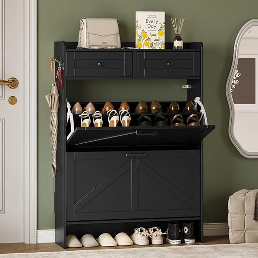 BORNOON Shoe Storage Cabinet for Entryway, Farmhouse Narrow Shoe Cabinet with 2 Flip Drawers & Top Drawers, Adjustable Shelves & Hooks, Freestanding Hidden Rack Organizer for Hallway, Foyer