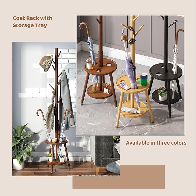 Freestanding Coat Rack with Umbrella Organizer Tray Bamboo Coat Tree Rack with 8 Hook Stand for Clothes Bag Hats Entryway Hanger Stand(Brown)