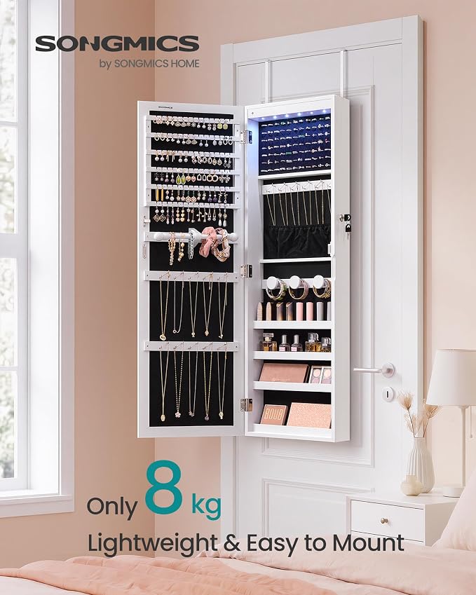 SONGMICS Jewelry Cabinet, Wall or Door Mounted Armoire with Full Length Mirror, Large Capacity Organizer, 6 LED Lights, 42.5 x 3.9 x 14.6 inch, White, BERIT Collection UJJC092W101