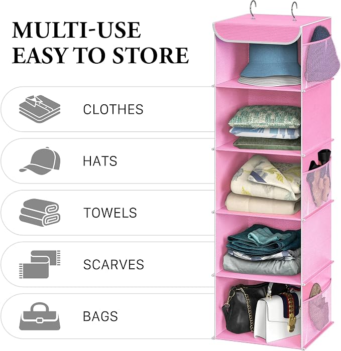 Simple Houseware 5 Shelf Hanging Closet Organizer, Pink | 360° Rotating Dual Hooks, Top Support Metal Frame, 6 Side Mesh Pockets