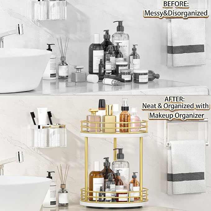 2-Tier Rotating Bathroom Countertop Organizer, Wooden Makeup Vanity Storage, Multifunctional Lazy Susan Turntable for Skincare, Perfume and Cosmetics (White-Gold)