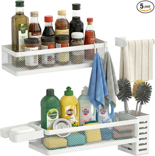 PUSDON 5-in-1 Wide Wall Mount Wrapped Mesh Kitchen Organizer & Shower Caddy Kit, with Paper Towel Holder, Utensil Holder, Soap Dish, Heavy Duty 50LBS - White, Netting